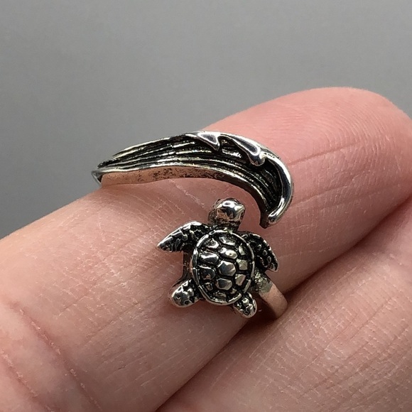 Sea Turtle and Ocean Wave Silver Tone Ring Size is Adjustable - Picture 9 of 13